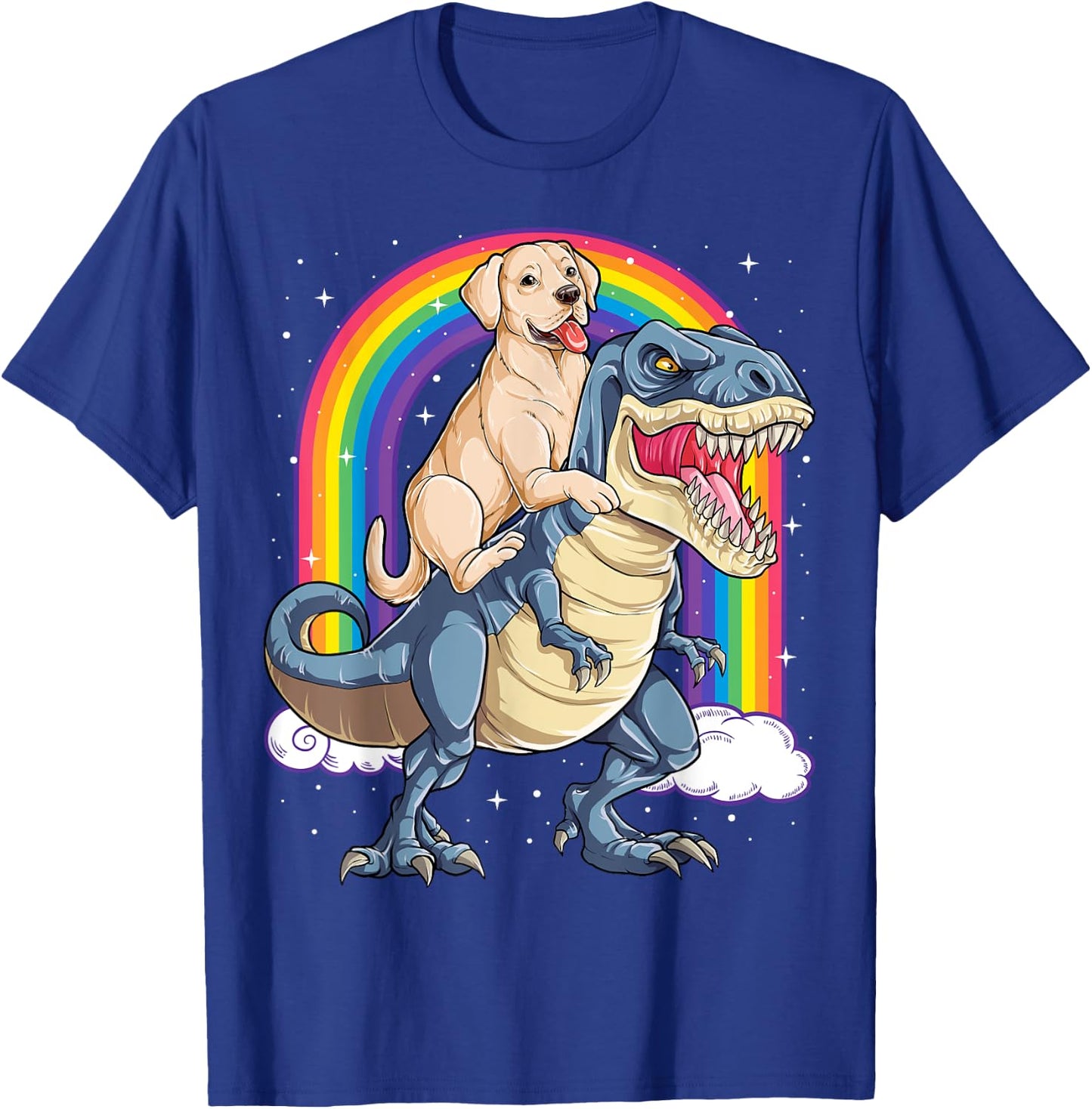 Labrador Riding Dinosaur T-rex Gifts Boys Kids Men Rainbow T-Shirt - T-Shirt | Royal
