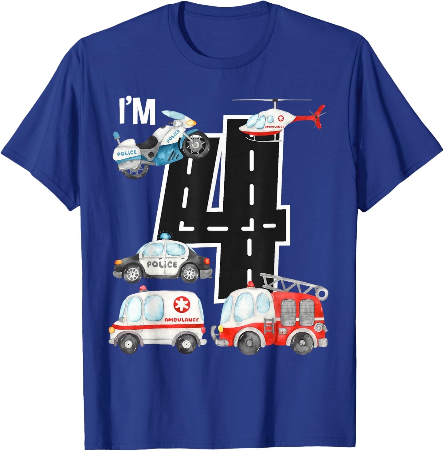 Emergency Vehicles 4th Birthday Fire Truck Police Car Boys T-Shirt - T-Shirt | Royal