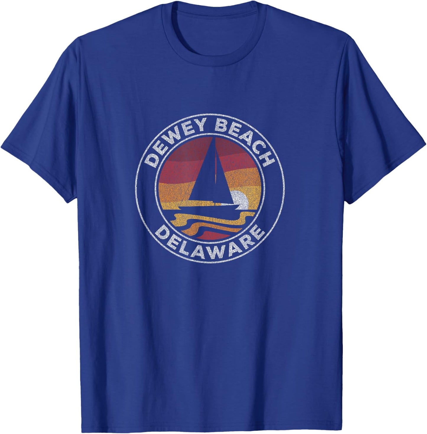 Dewey Beach Delaware Vintage Sailboat 70s Retro Sunset T-Shirt - T-Shirt | Royal