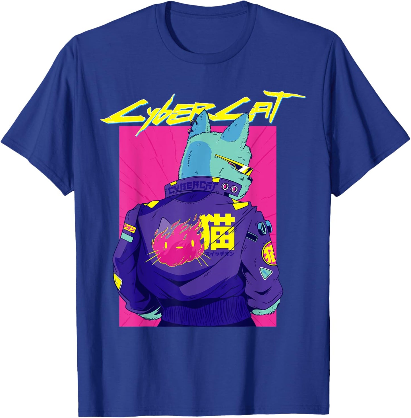 Cyberpunk Pun Cat cybercat Japanese Character cyberpunker T-Shirt - T-Shirt | Royal