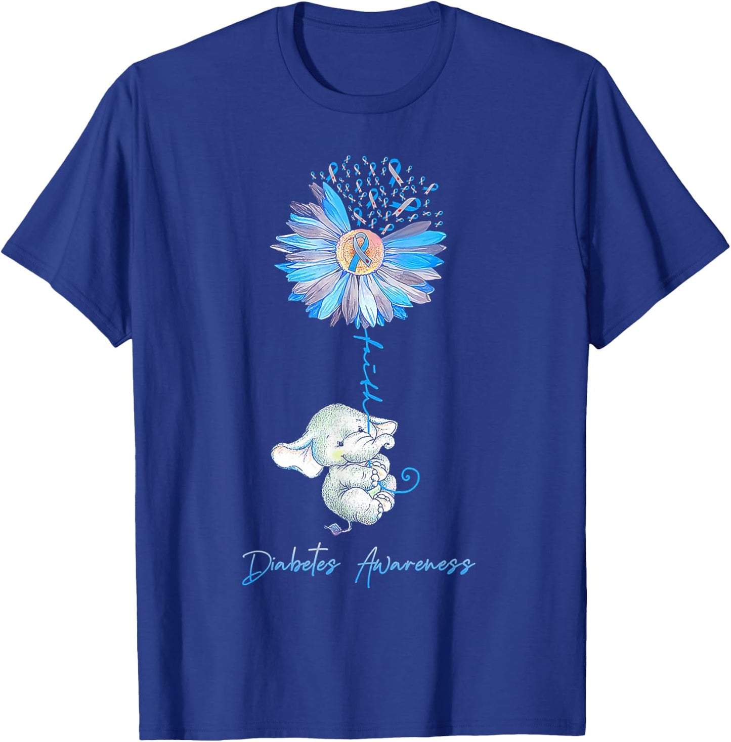 Faith Cute Elephants Sunflower Diabetes Awareness T-Shirt - T-Shirt | Royal