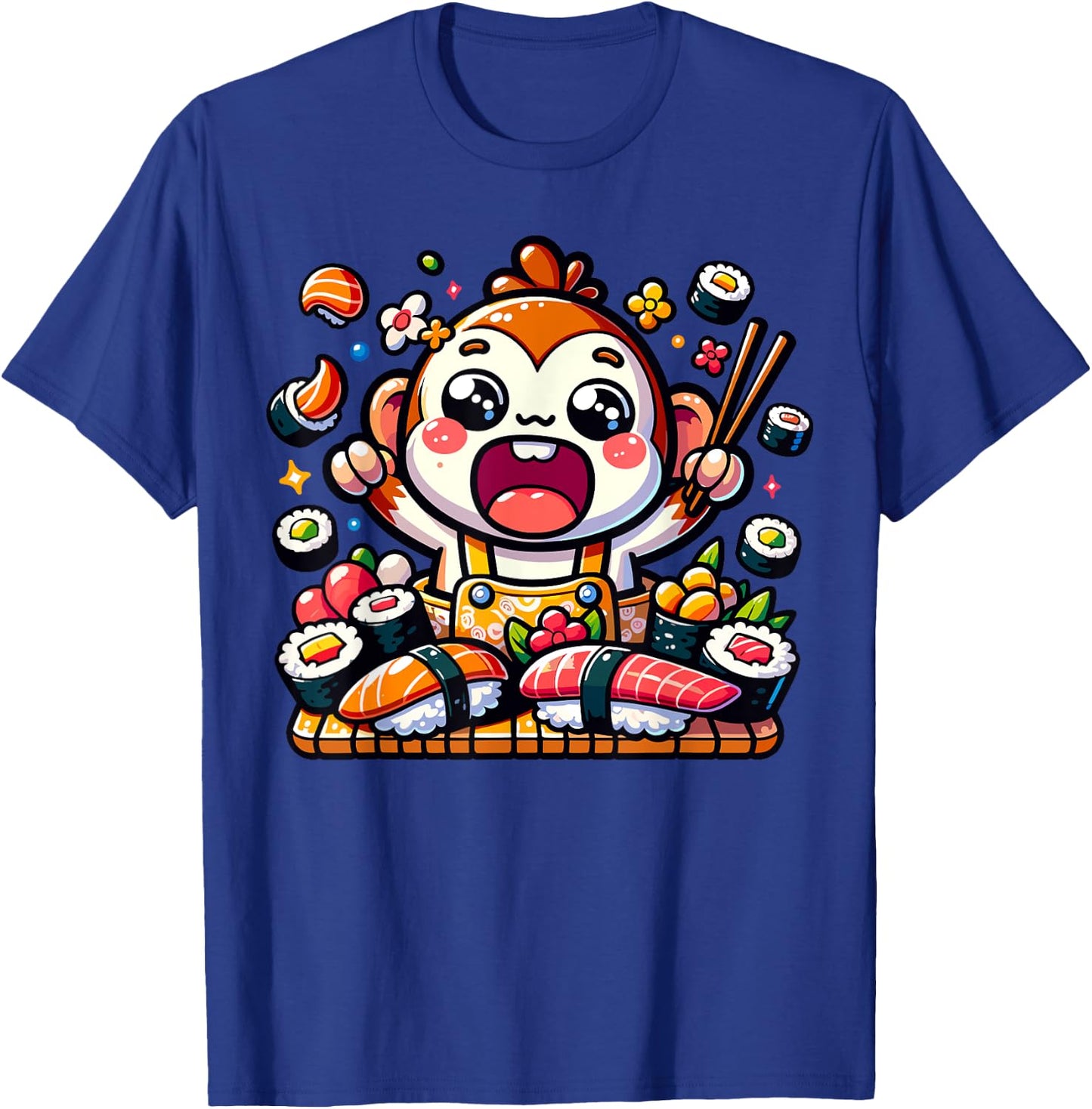 Hungry Kawaii Monkey Eating Sushi Japanese Food T-Shirt - T-Shirt | Royal