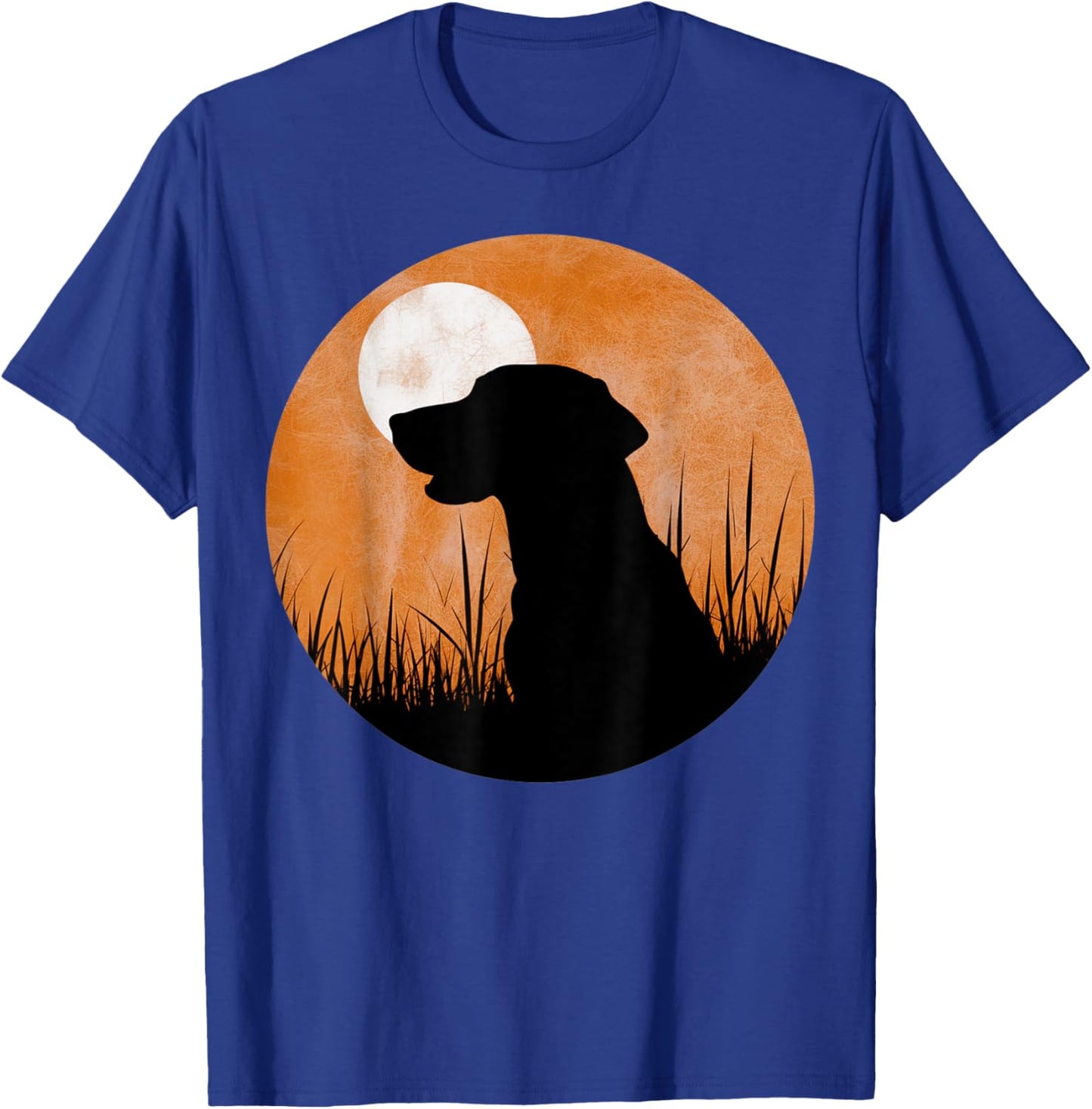 A silhouette of a hunting black or yellow lab on orange sky T-Shirt - T-Shirt | Royal
