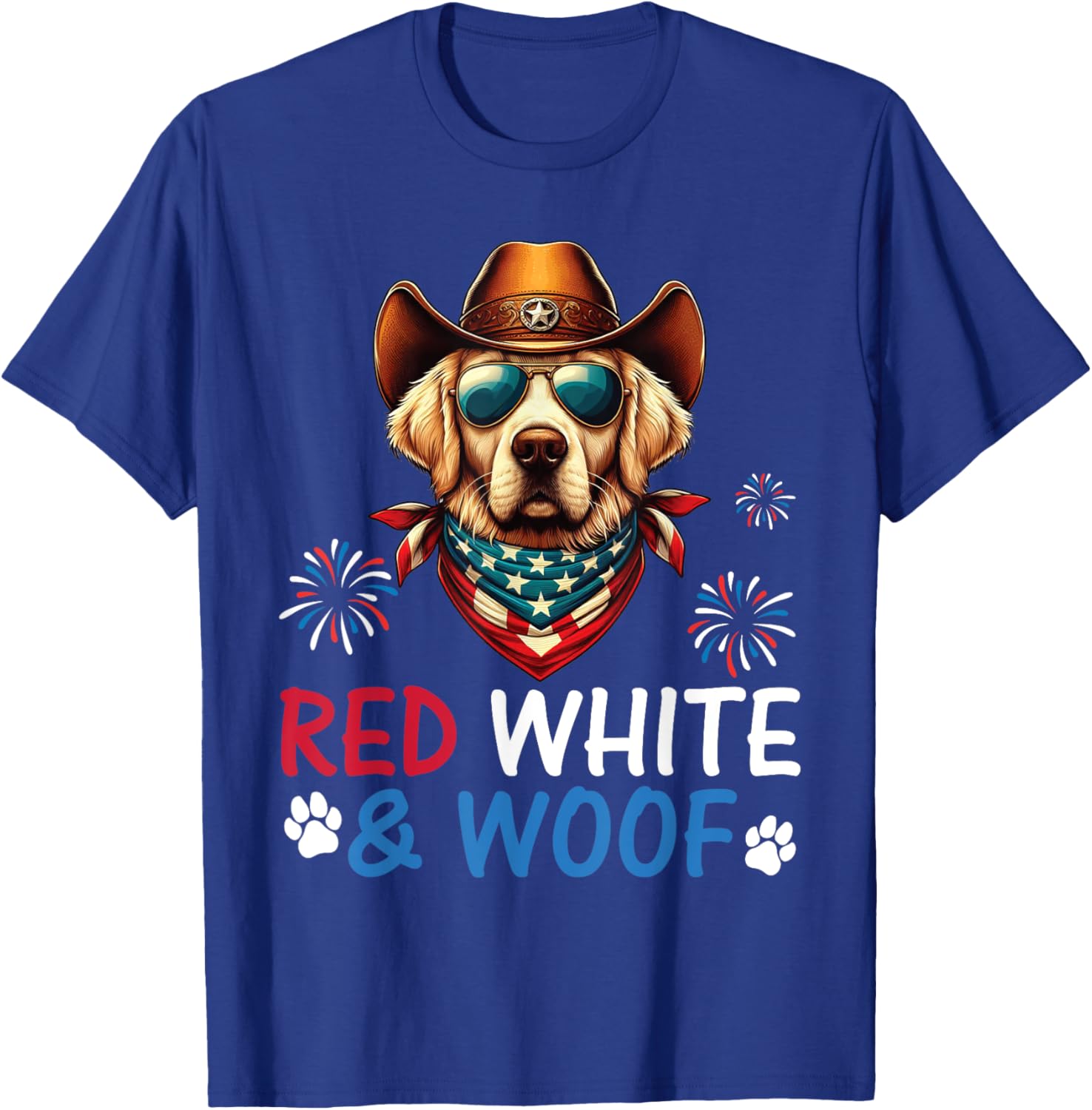 Golden Retriever Cowboy Costume Fireworks Red White and Woof T-Shirt - T-Shirt | Royal