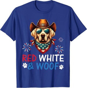 Golden Retriever Cowboy Costume Fireworks Red White and Woof T-Shirt - T-Shirt | Royal
