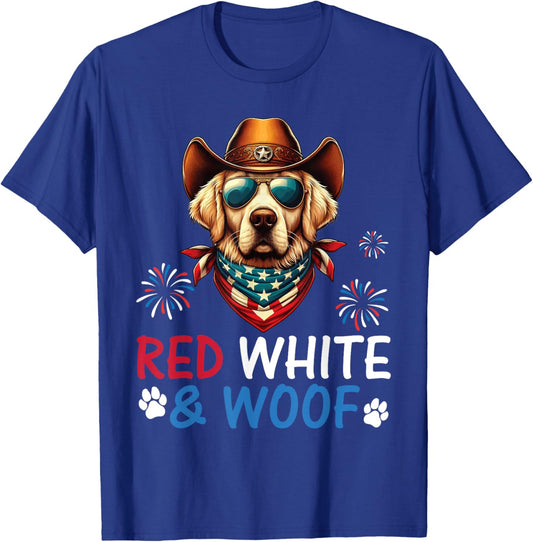 Golden Retriever Cowboy Costume Fireworks Red White and Woof T-Shirt - T-Shirt | Royal