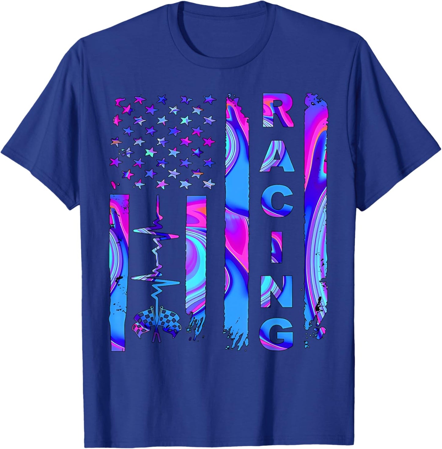 Tie Dye Heartbeat Checkered Flag Racing Patriotic Race Life Men T-Shirt - T-Shirt | Royal
