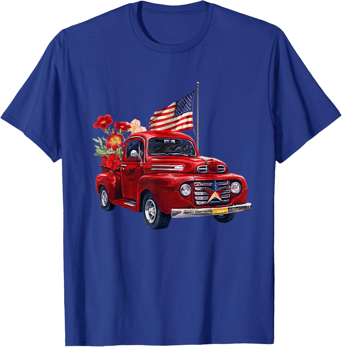 Red Truck With Flowers American Flag Happy 4th Of July Women Men T-Shirt - T-Shirt | Royal