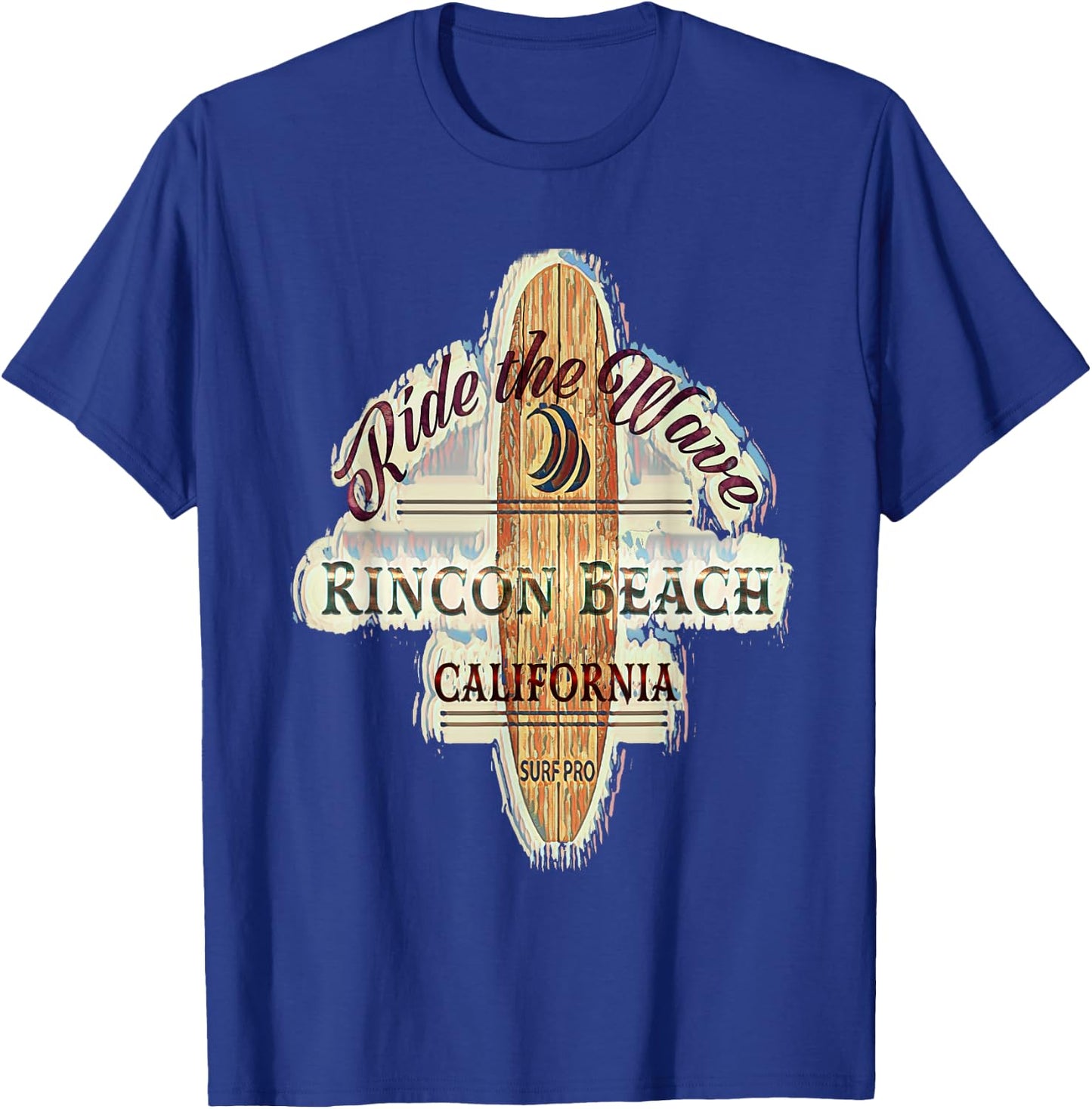 Rincon Beach Surfing Distressed Vintage Retro Surfboard Men Women Girls Kids T-Shirt - T-Shirt | Royal