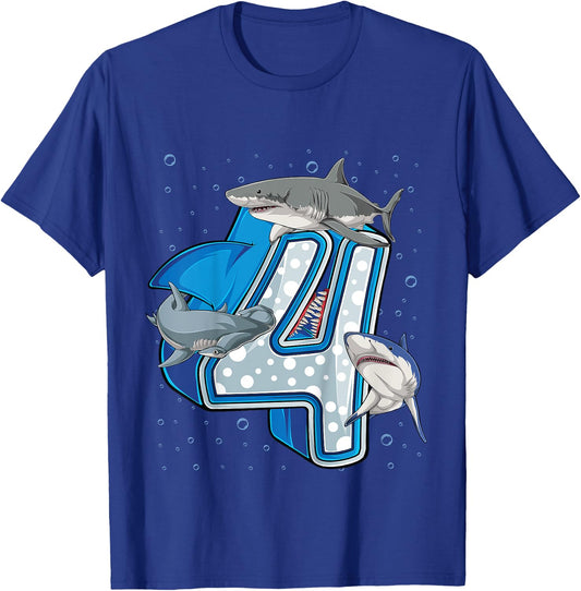 4th Birthday Boys Shark 4 years Old Ocean Shark B-day T-Shirt - T-Shirt | Royal