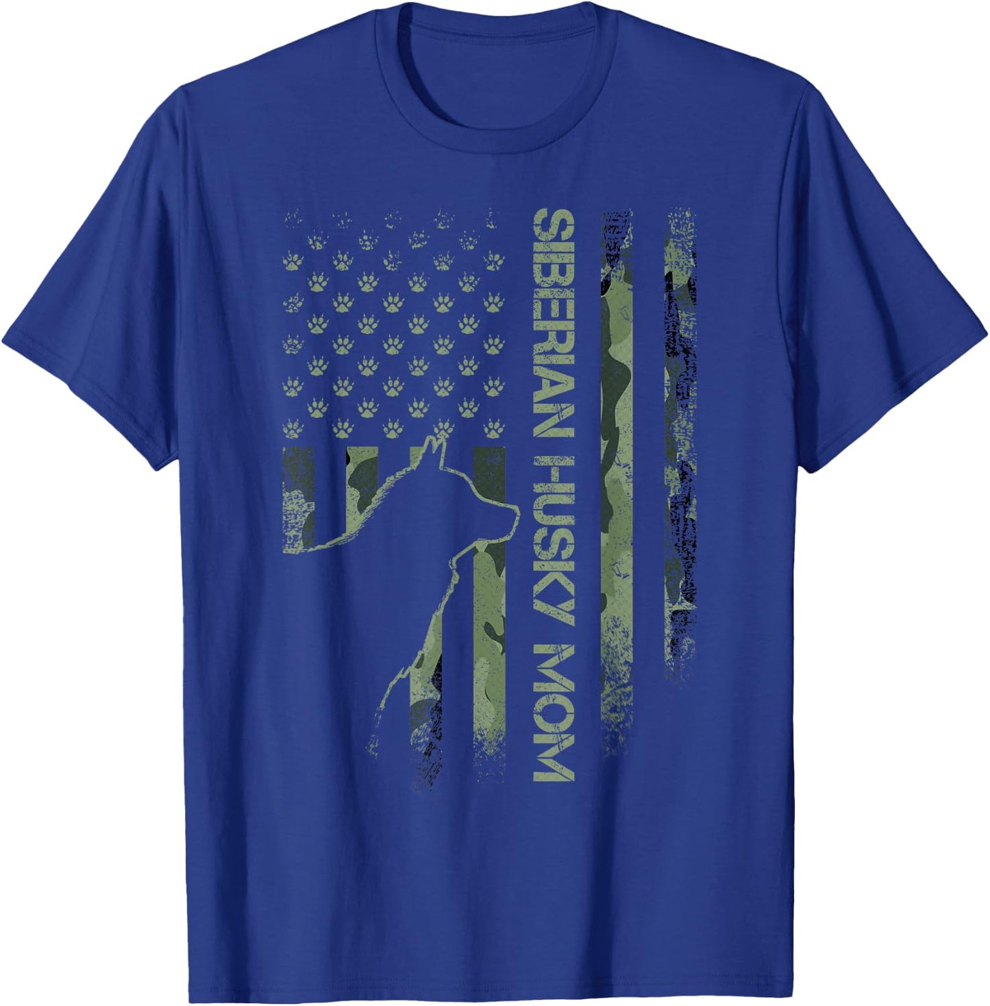 Vintage USA Camo Flag Proud Siberian Husky Mom Silhouette T-Shirt - T-Shirt | Royal