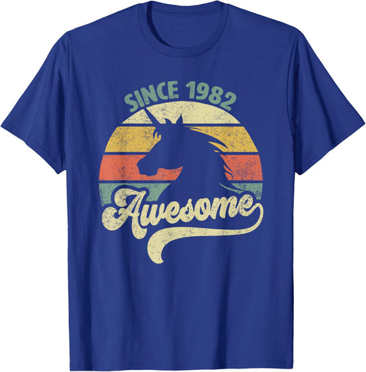 Awesome Since 1982 Retro Unicorn Birthday Gift Vintage T-Shirt - T-Shirt | Royal