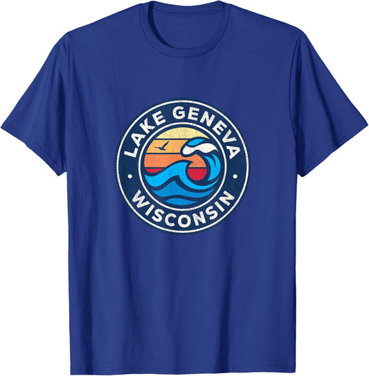 Lake Geneva Wisconsin WI Vintage Nautical Waves Design T-Shirt - T-Shirt | Royal