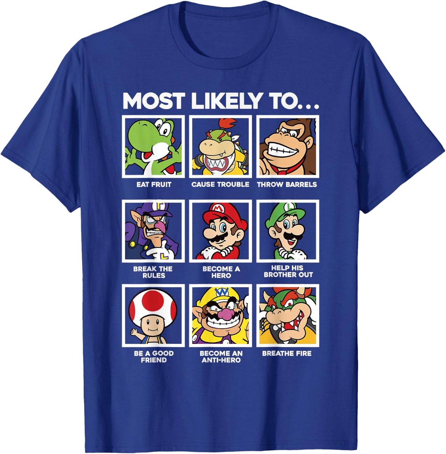 Super Mario Group Shot Most Likely To Grid T-Shirt - T-Shirt | Royal