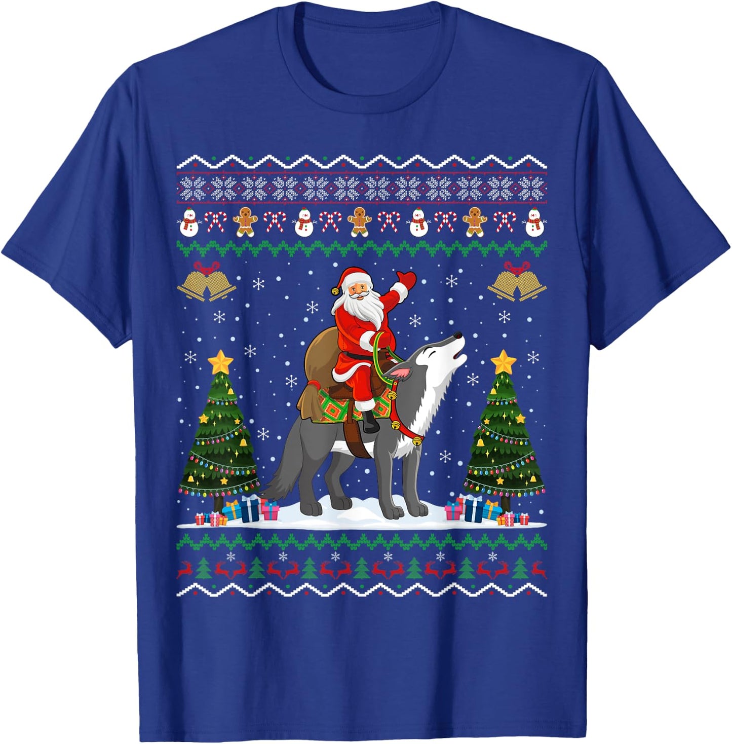 Ugly Wolf Xmas Gift Santa Riding Wolf Christmas T-Shirt - T-Shirt | Royal