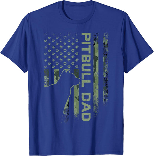 American Camo Flag Proud Pitbull Dog Dad Pittie Silhouette T-Shirt - T-Shirt | Royal