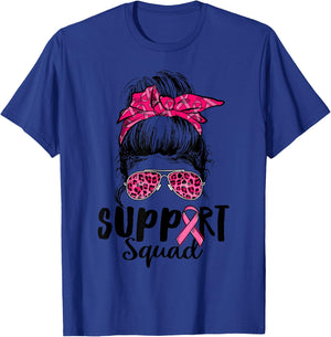 Support Squad Messy Bun Pink Warrior Breast Cancer Awareness T-Shirt - T-Shirt | Royal