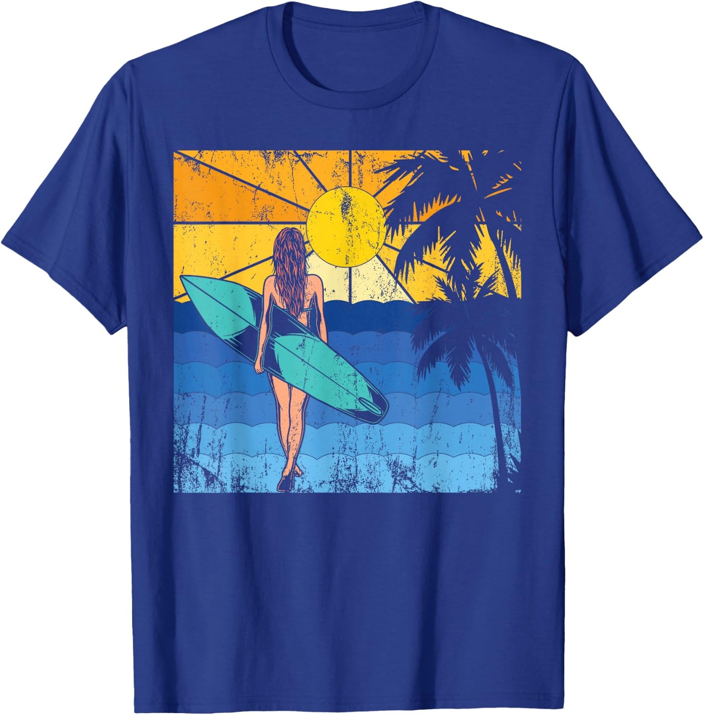 Tropical Beach Surf Sunset Surfboard Surfer Ocean Surfing T-Shirt - T-Shirt | Royal