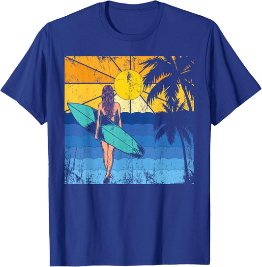 Tropical Beach Surf Sunset Surfboard Surfer Ocean Surfing T-Shirt - T-Shirt | Royal