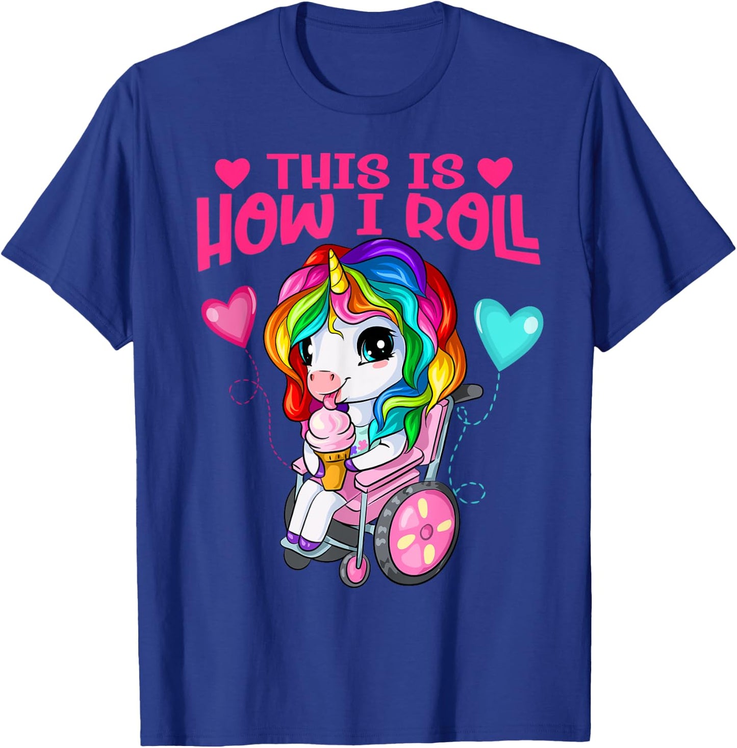 Cute Ice Cream Eating Unicorn Girl In Wheelchair T-Shirt - T-Shirt | Royal
