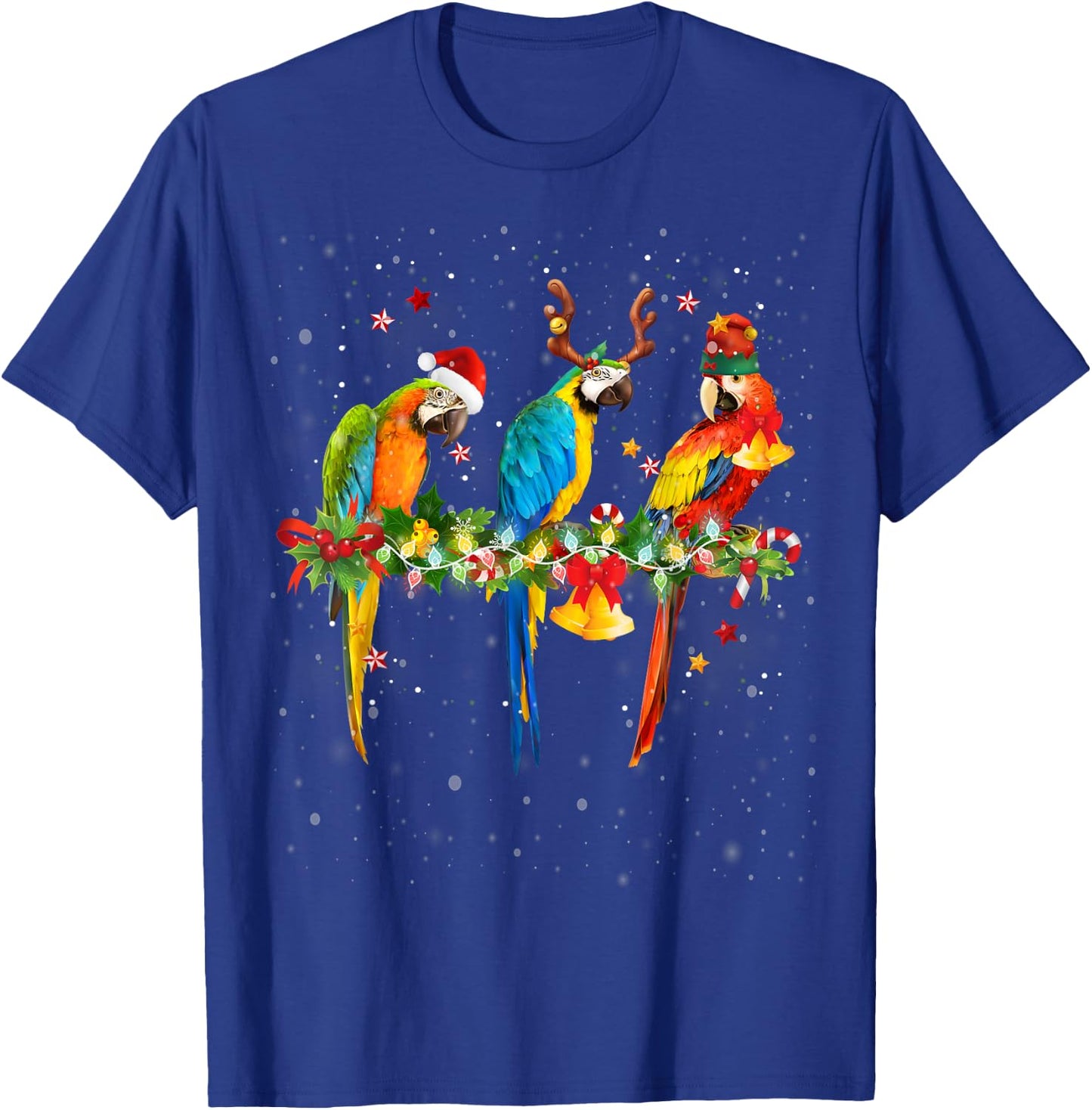 Colorful Christmas Parrots Santa Reindeer Elf Hat Funny T-Shirt - T-Shirt | Royal