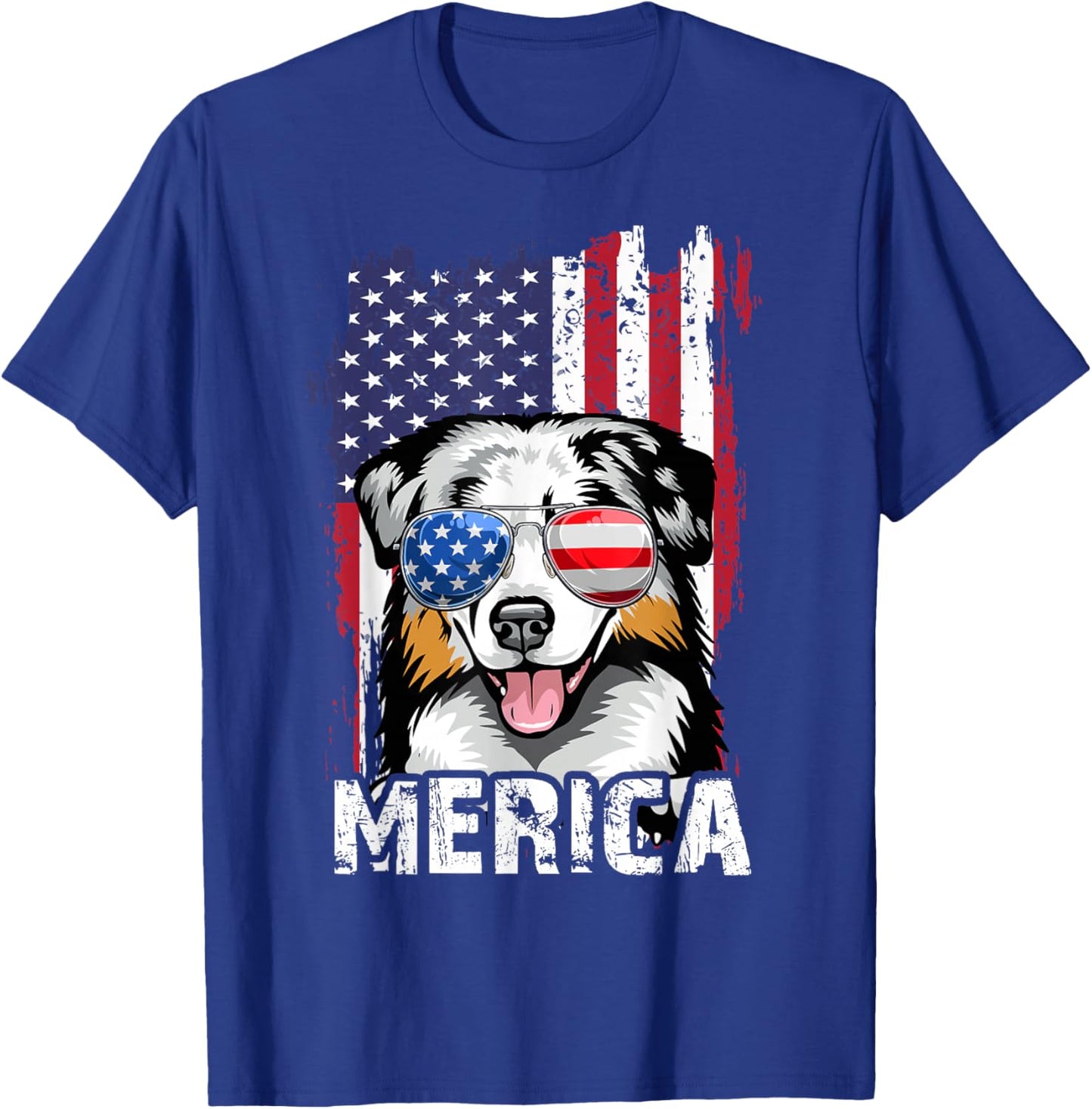 Australian Shepherd 4th of July Merica USA Flag Aussie Dog T-Shirt - T-Shirt | Royal
