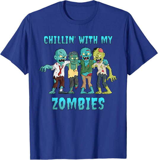 Halloween Chillin With My Zombies Boys Girls Kids Funny T-Shirt - T-Shirt | Royal