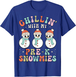 Chillin With My Pre-K Snowmies Snowman Teacher Xmas Pajamas T-Shirt - T-Shirt | Royal