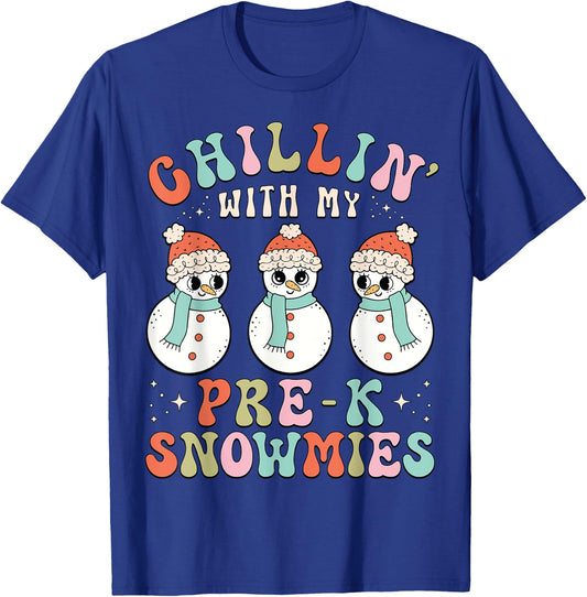 Chillin With My Pre-K Snowmies Snowman Teacher Xmas Pajamas T-Shirt - T-Shirt | Royal