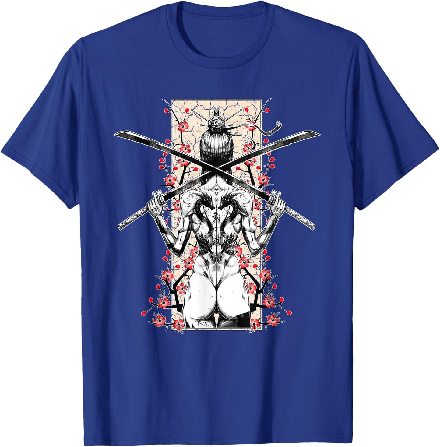 Japanese Samurai Girl and Vintage Sakura Cherry Blossom Gift T-Shirt - T-Shirt | Royal
