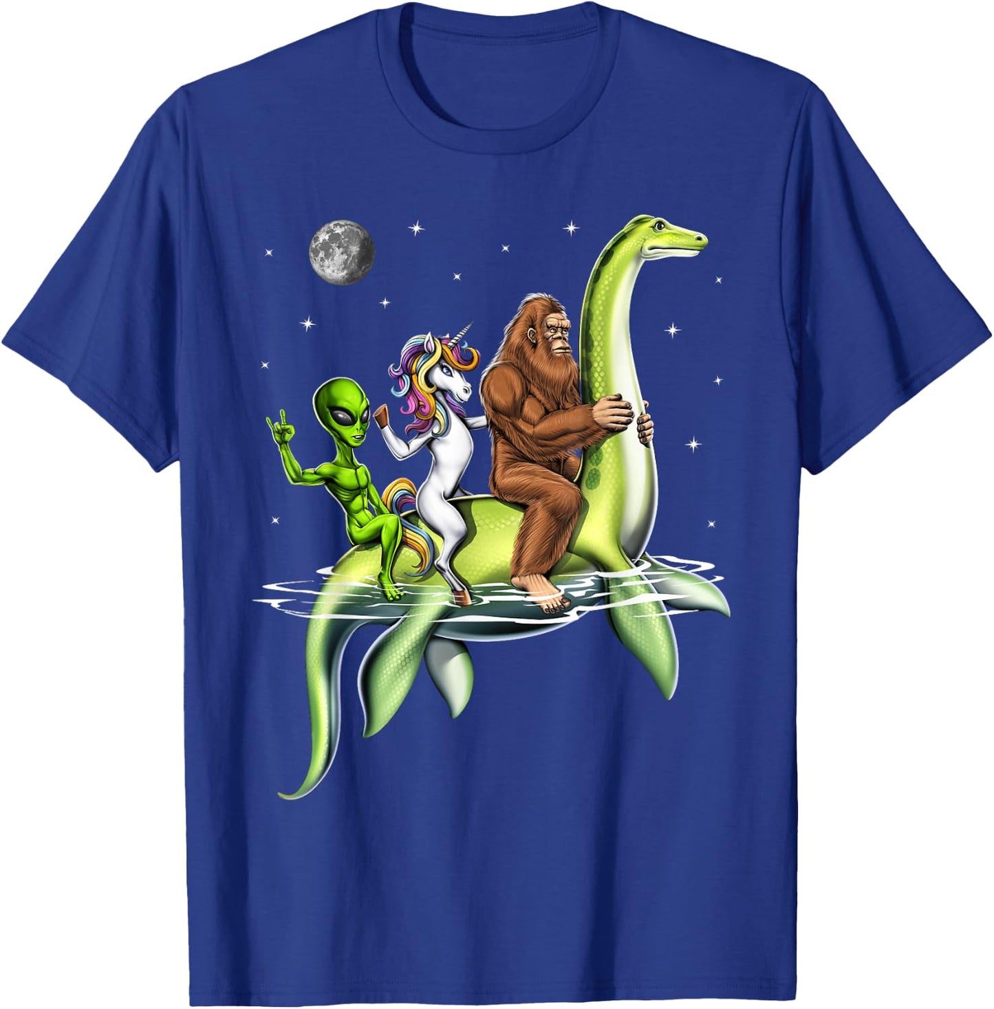 Cryptids Bigfoot Alien Unicorn Riding Loch Ness Monster T-Shirt - T-Shirt | Royal