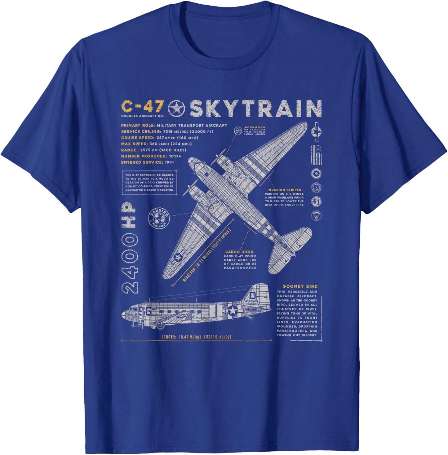 C-47 Skytrain | C47 Douglas Dakota WWII Transport Aircraft T-Shirt - T-Shirt | Royal