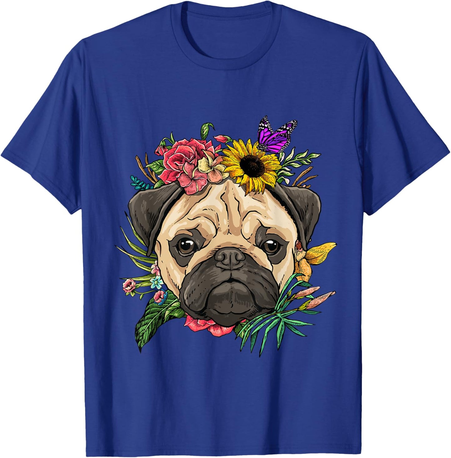 Pug Shirt Dog Pug Face Flower Pug Lovers Owners Pug Mom Dad T-Shirt - T-Shirt | Royal
