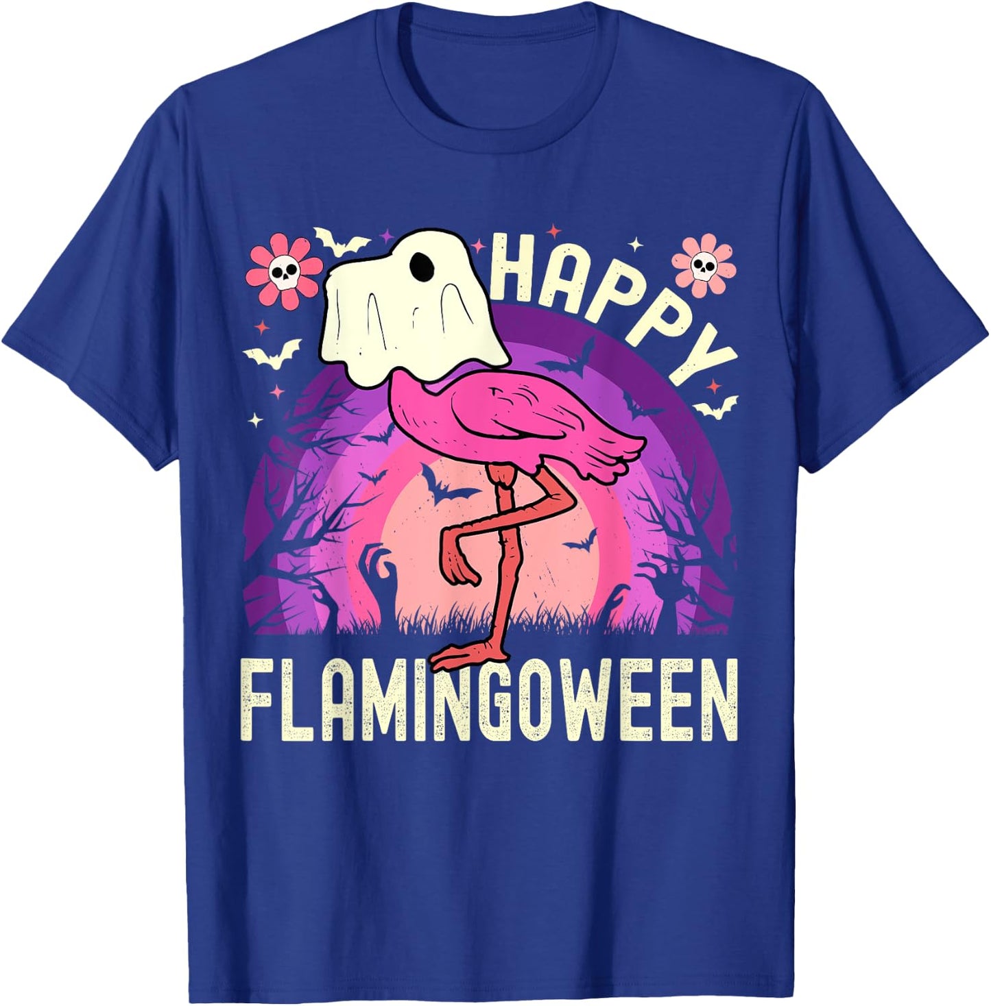 Happy Flamingoween Funny Flamingo Ghost Retro Halloween T-Shirt - T-Shirt | Royal