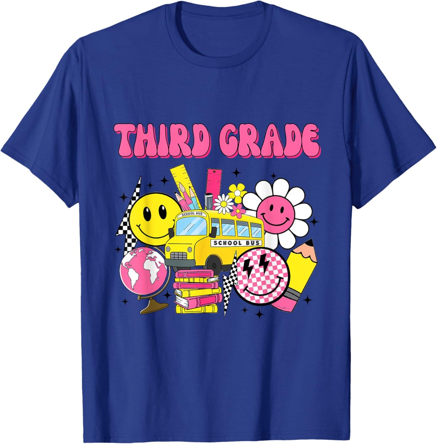 Retro Groovy Third Grade Checkered Back To School Teacher T-Shirt - T-Shirt | Royal