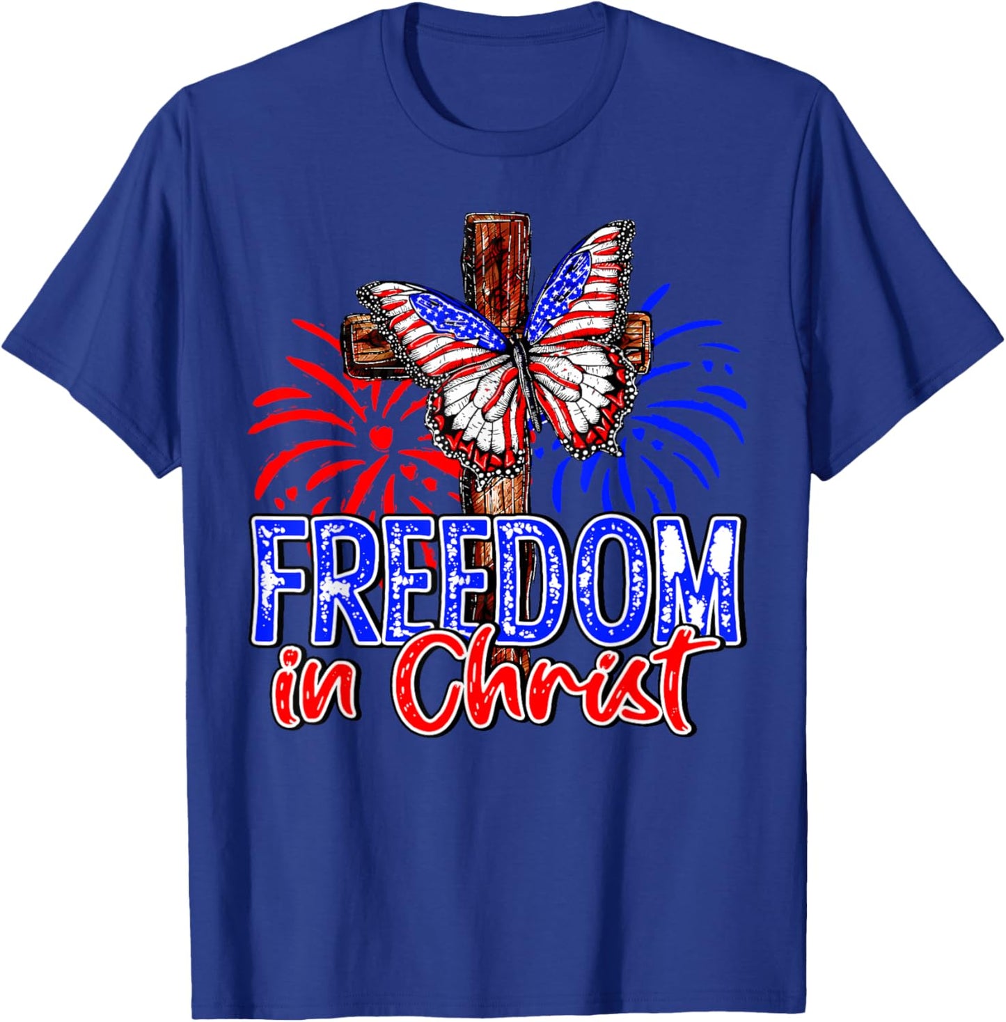 Patriotic Firework Faith Freedom In Christ Cross Butterfly Kids Men T-Shirt - T-Shirt | Royal