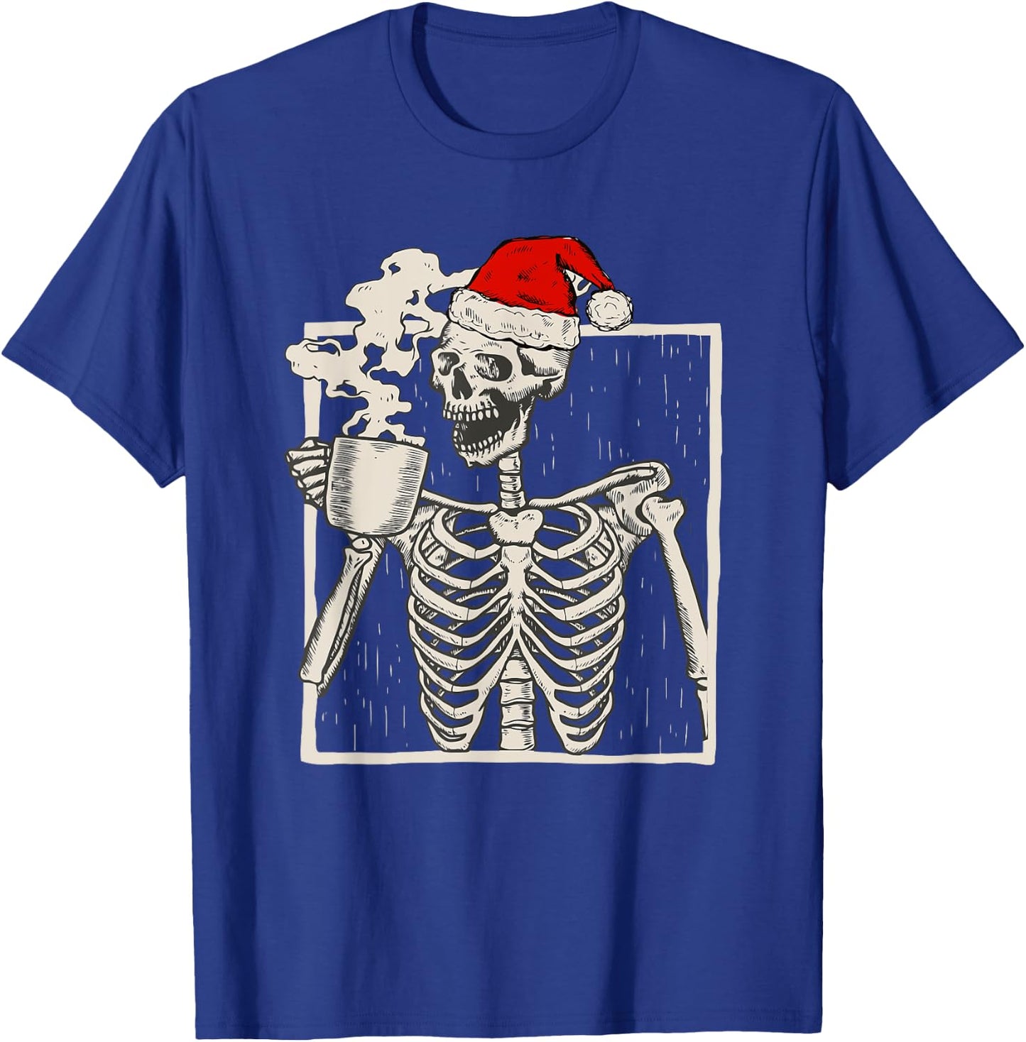 Christmas Skeleton With Smiling Skull Drinking Coffee Latte T-Shirt - T-Shirt | Royal
