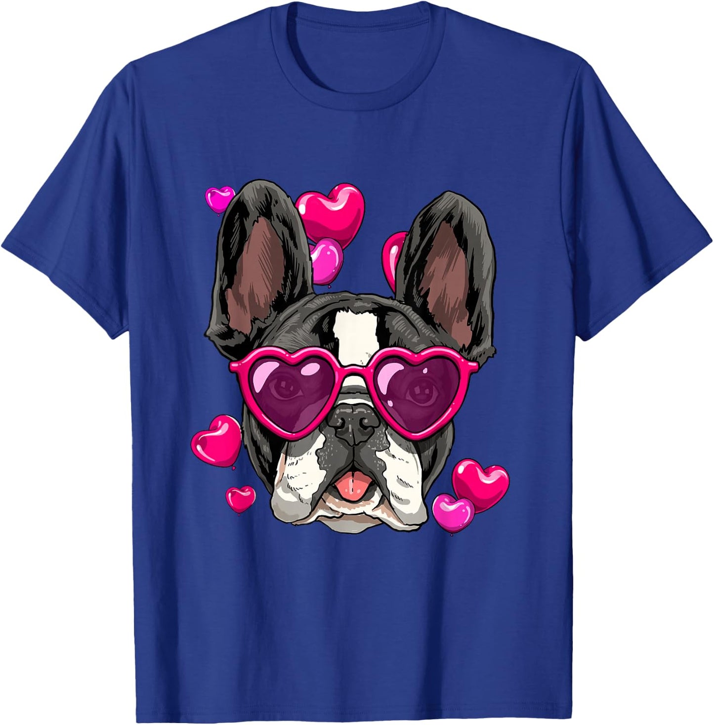Valentine's Day French Bulldog With Heart Glasses Frenchie T-Shirt - T-Shirt | Royal