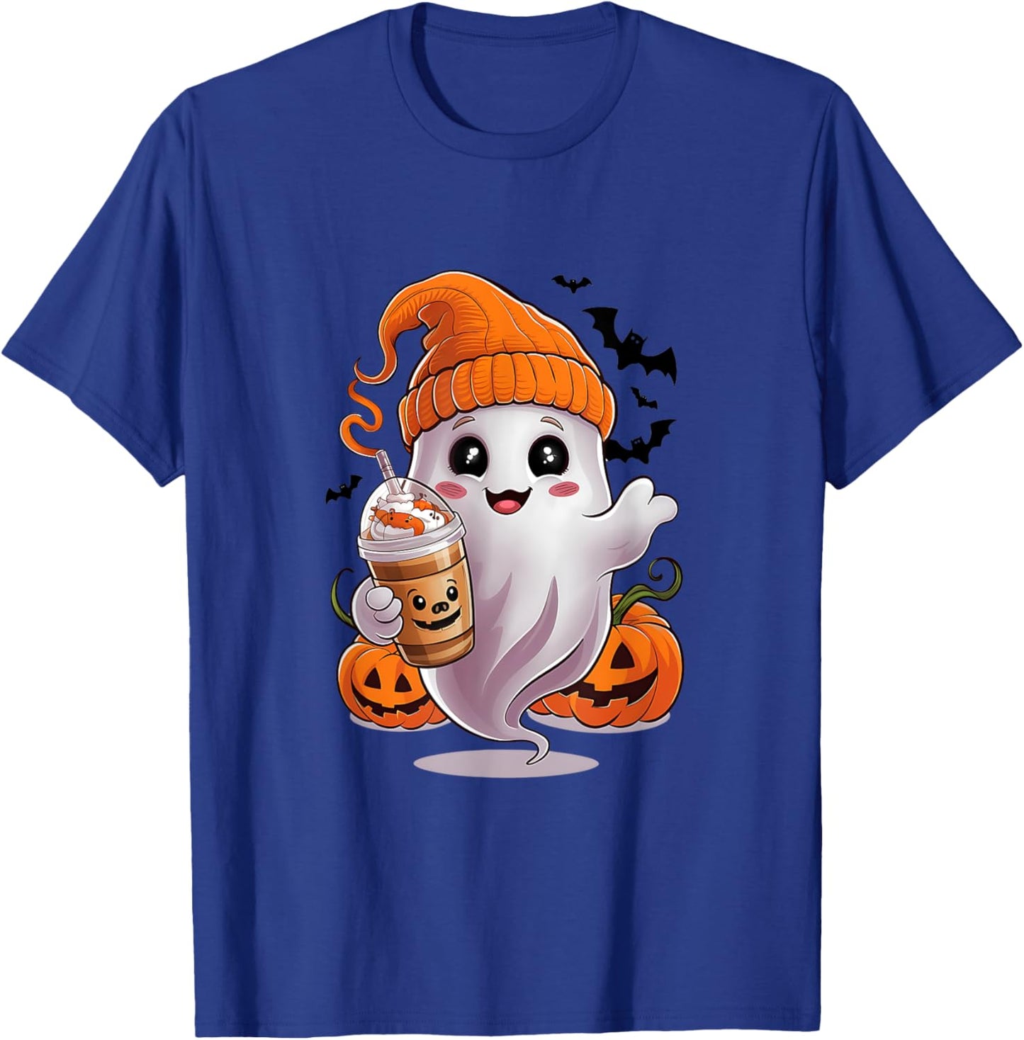 Cute Ghost Drinking Coffee Halloween Ghost Coffee T-Shirt - T-Shirt | Royal