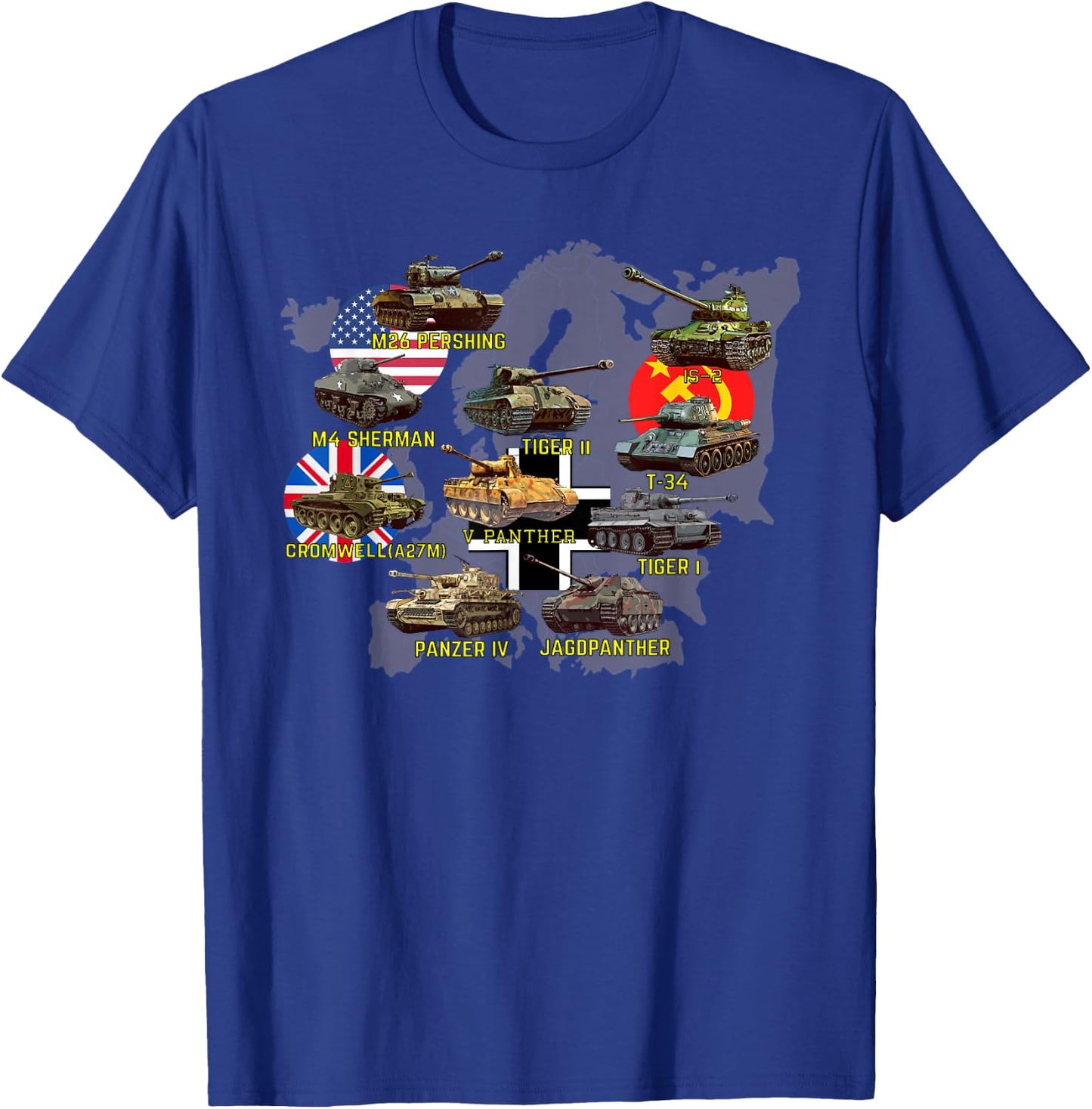 Top Ten Best WW2 Tanks M4 Sherman Panzer IV Tiger II T-34 T-Shirt - T-Shirt | Royal