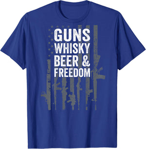 Guns Whisky Beer And Freedom - Funny USA Drinking - ON BACK T-Shirt - T-Shirt | Royal