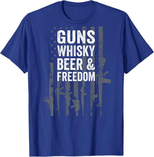 Guns Whisky Beer And Freedom - Funny USA Drinking - ON BACK T-Shirt - T-Shirt | Royal