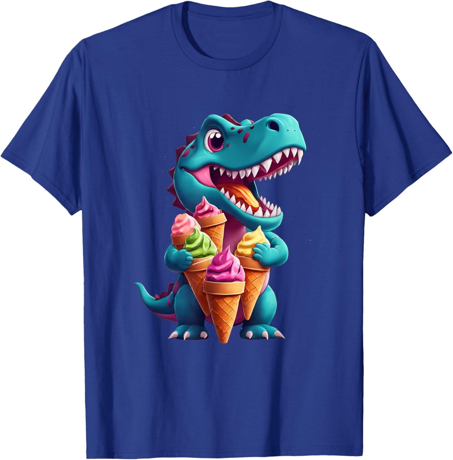 T-Rex Dinosaur Eating Ice Cream Cone Party Men Women Kids T-Shirt - T-Shirt | Royal