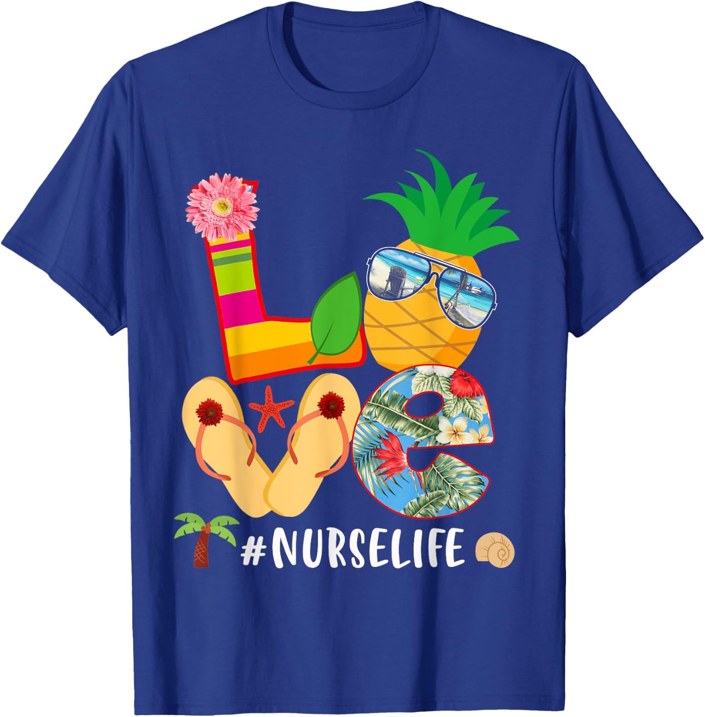 Love Summer Pineapple Tropical Flower Flip Flop Nurse Life T-Shirt - T-Shirt | Royal