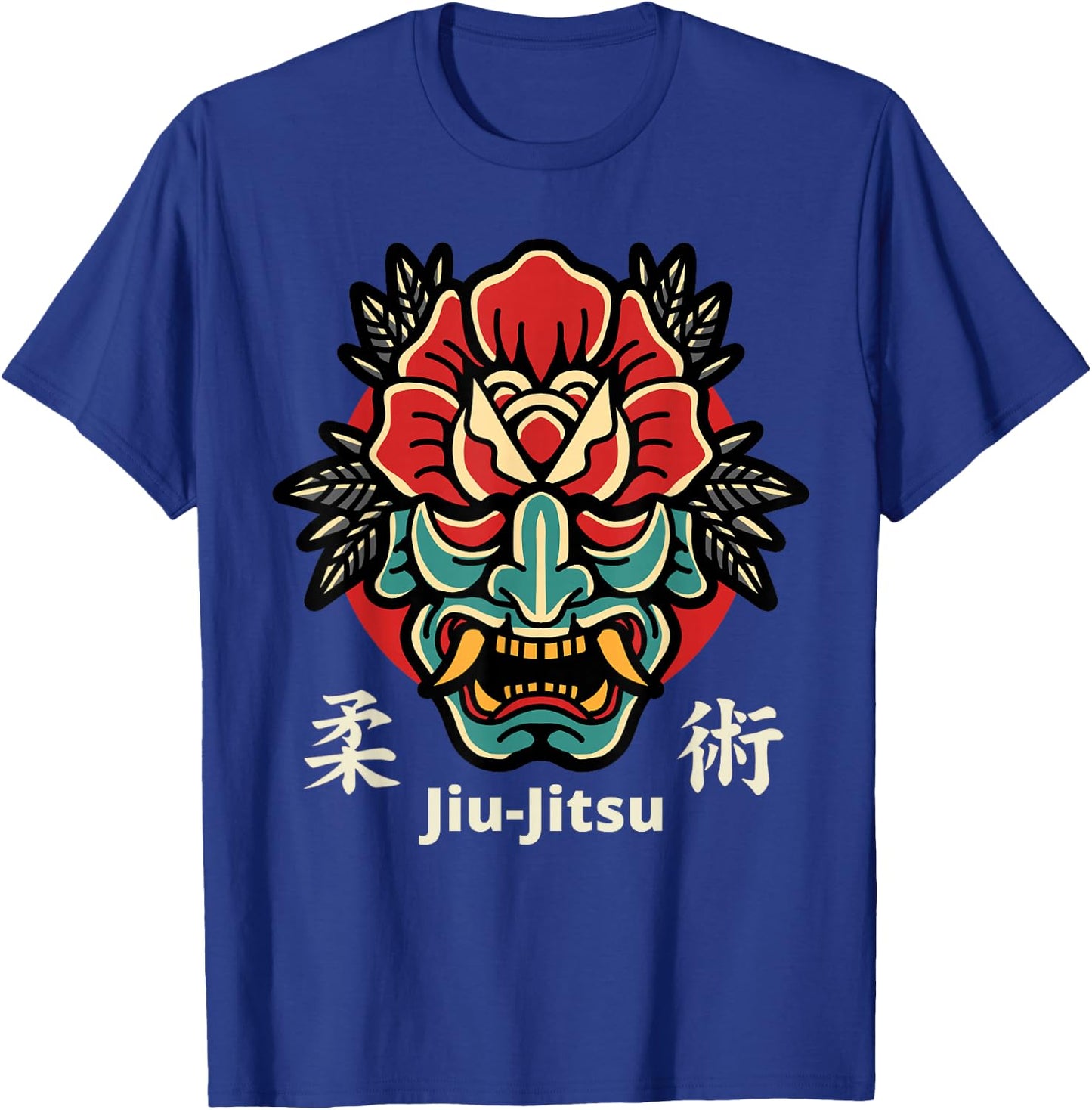 Japanese Demon Oni Mask, Kabuki Jiu-Jitsu Kanji T-Shirt - T-Shirt | Royal