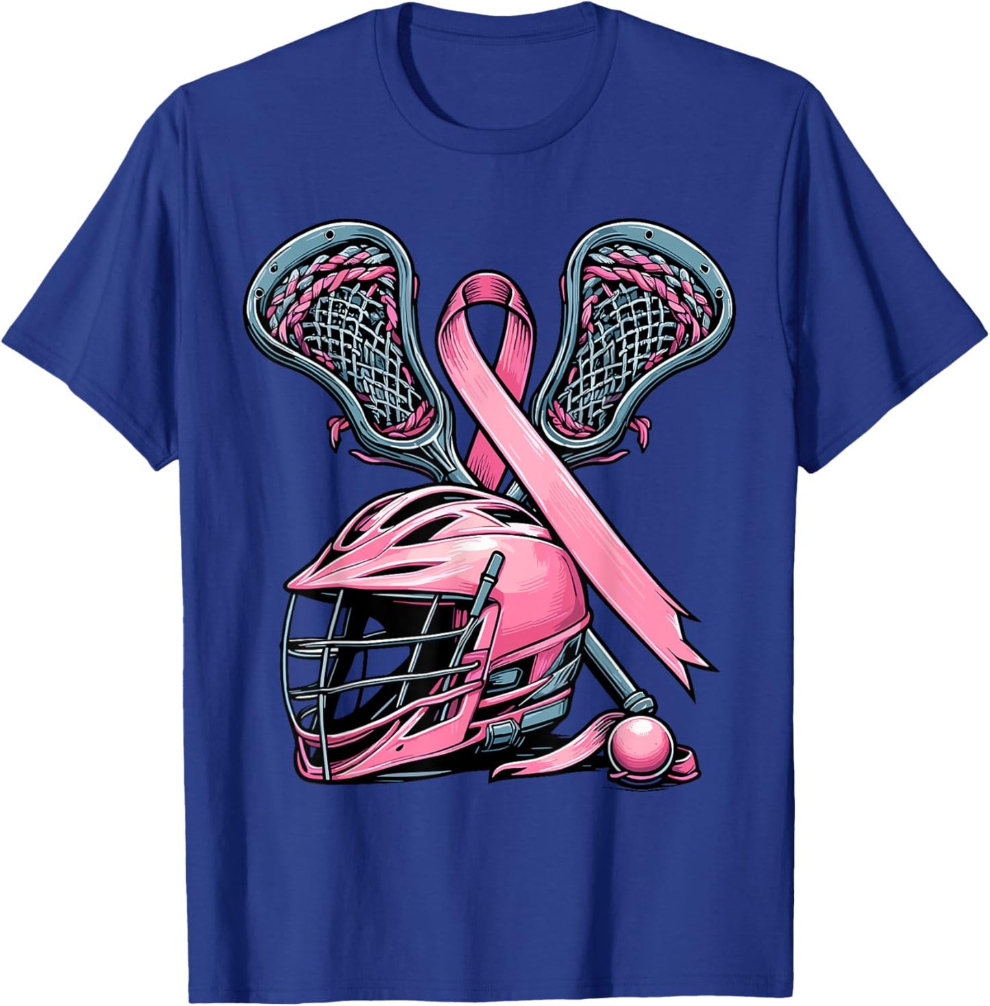 Lacrosse Pink Ribbon Breast Cancer Awareness Sport Lover T-Shirt - T-Shirt | Royal