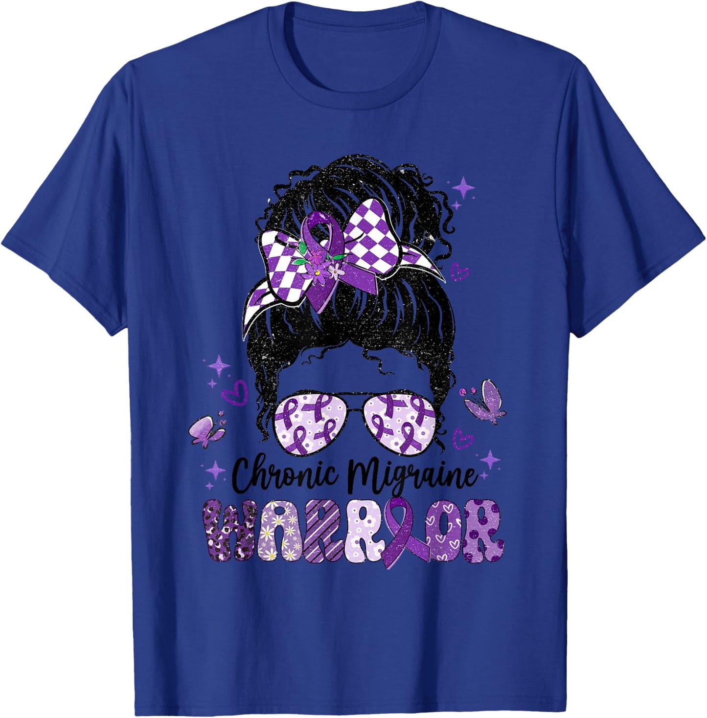 Warrior Messy Bun Red Purple Ribbon Chronic Migraine T-Shirt - T-Shirt | Royal
