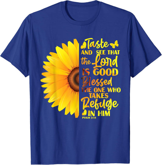 Christian Bible Verse Psalm 34 8 Sunflower Flower T-Shirt - T-Shirt | Royal