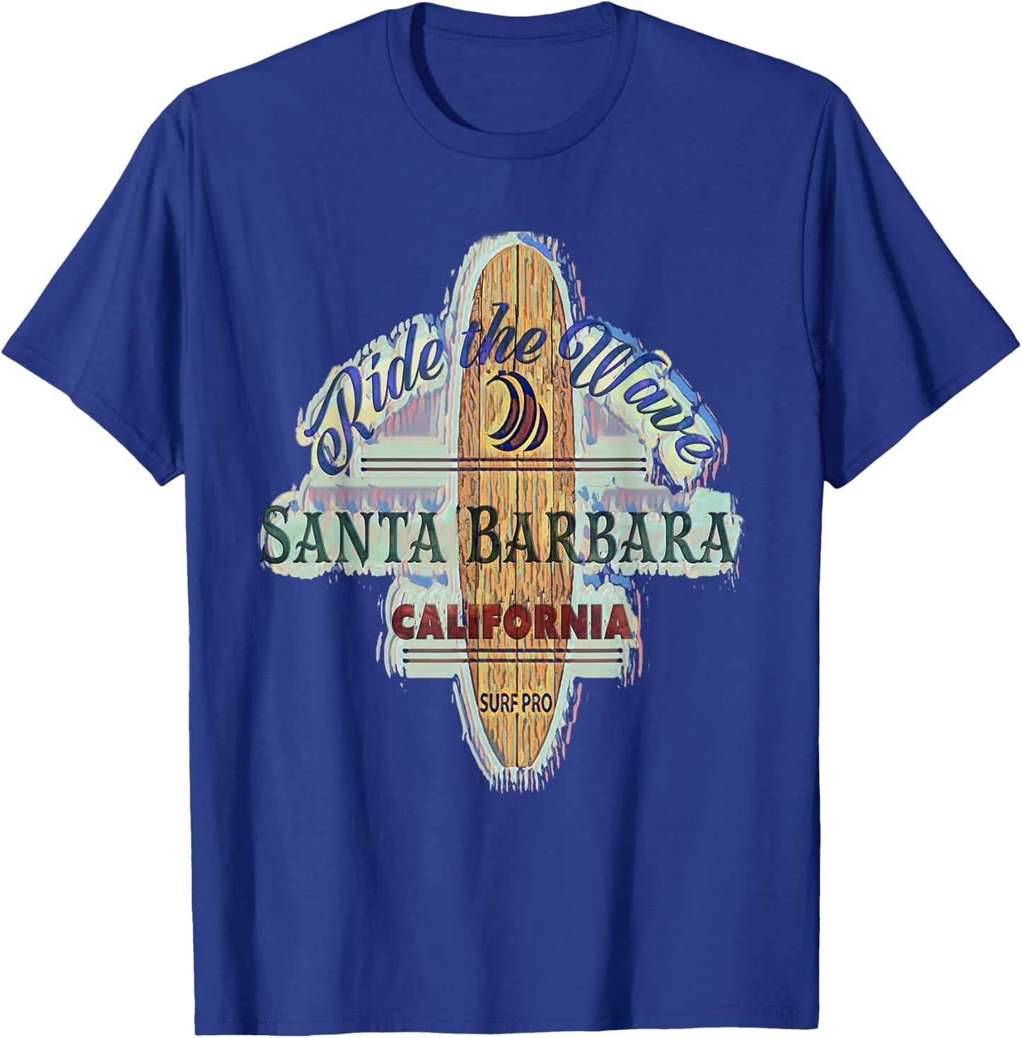 Santa Barbara Surfing Distressed Vintage Retro Surfboard T-Shirt - T-Shirt | Royal