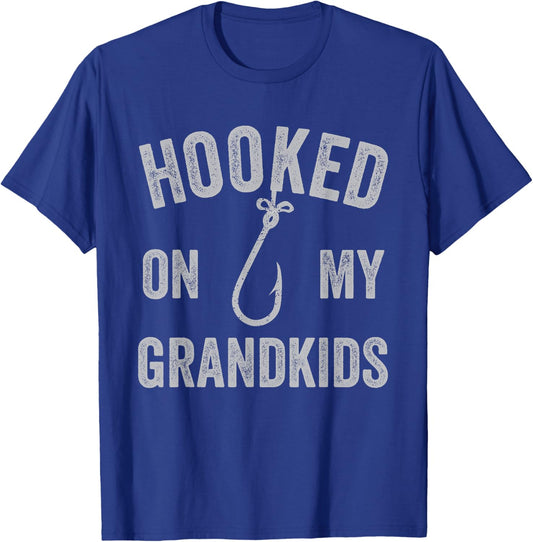 Hooked on My Grandkids Funny Grandparent Grandpa Fishing T-Shirt - T-Shirt | Royal